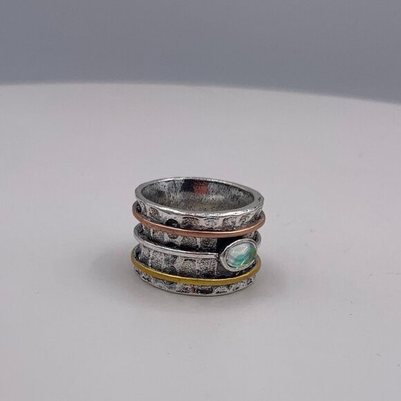 Solid sterling 925 silver, sz 8, copper and gold detail, man made opal, new - Picture 6 of 13